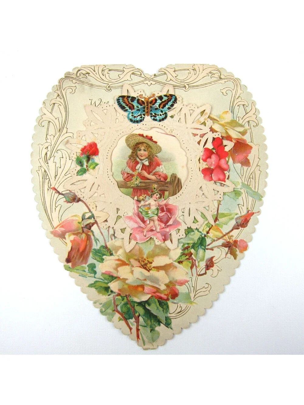 Antique Valentine Die cut Heart LARGE Girl Red Dress Hat Butterfly Cupid Flowers